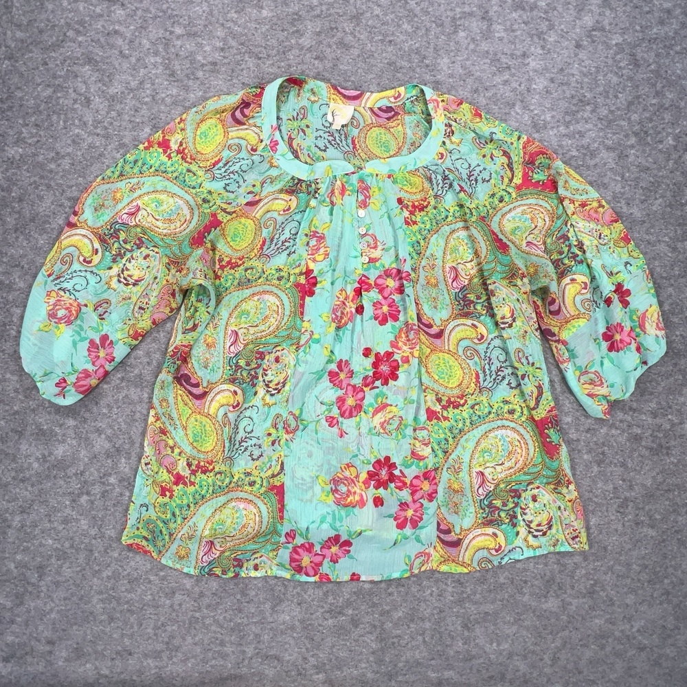 Fig & Flower Blouse Womens 2X Green Paisley Chiffon 3/4 Sleeve Button Pleated